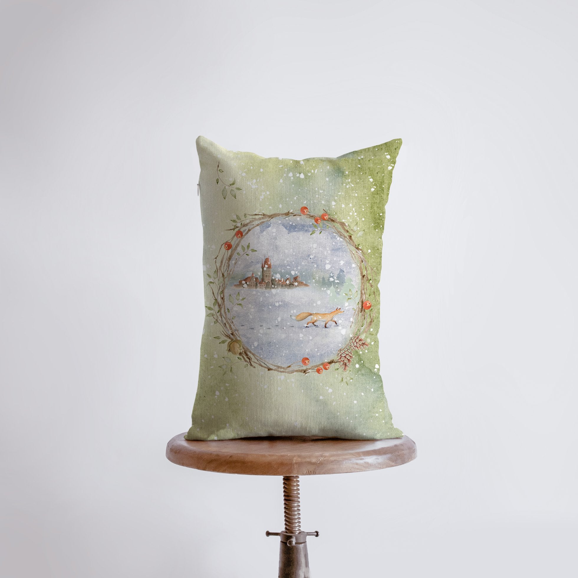 Christmas Fox Snow Scene Pillow cover featuring a fox in snow with a cozy town background, perfect for winter decor.